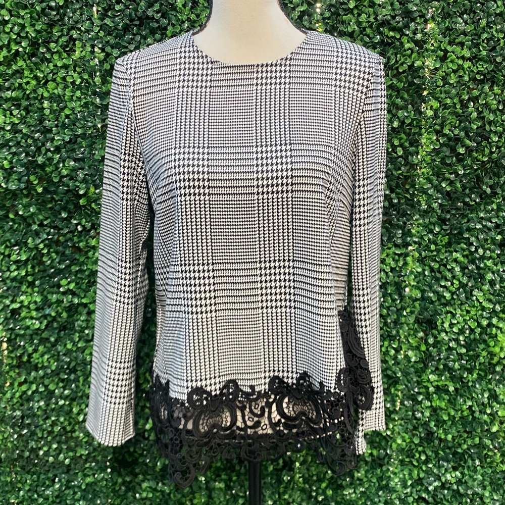 Zara Houndstooth Lace Trim Long Sleeve Top